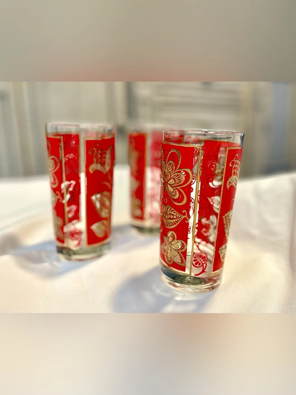 *VINTAGE* 3 MCM Libbey Gold/Red Tapestry Highball Glasses - Leaf/Floral Tumblers